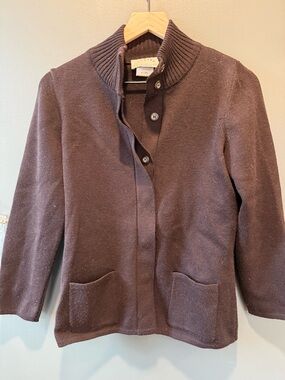 Women’s Dark Brown Button-Front Ribbed Collar Cardigan